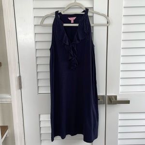 Lilly Pulitzer navy cotton knit sleeveless dress with ruffle detail neckline